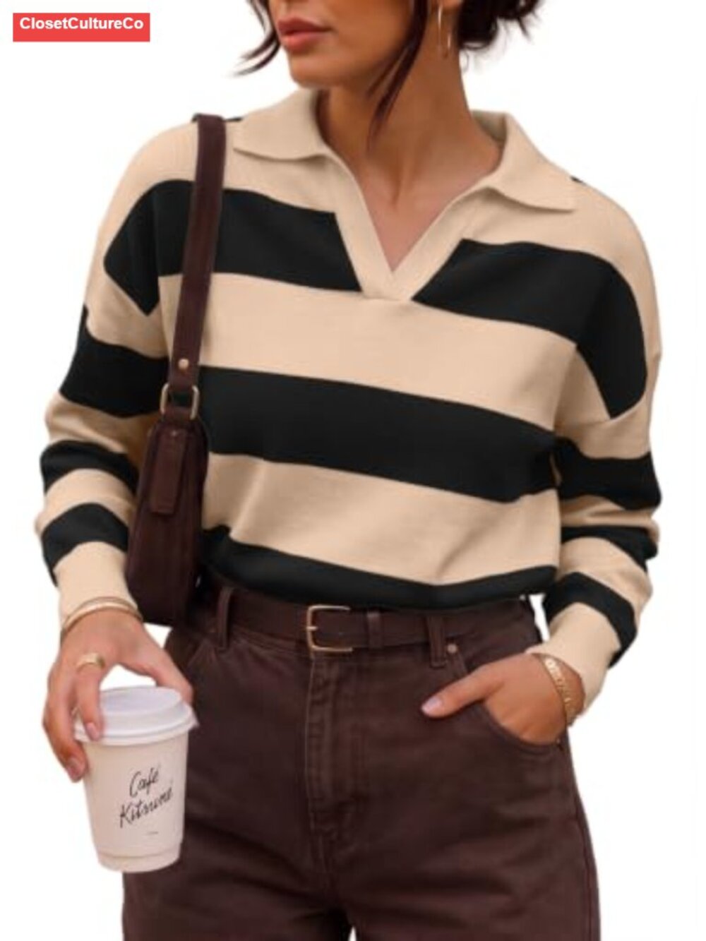 Striped Polo Sweater Oversized Knit Pullover Loose Fit Long Sleeve